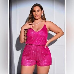 EUC SHENHE Women's Sequin V Neck Sleeveless Spaghetti Strap Cami Romper Jumpsuit